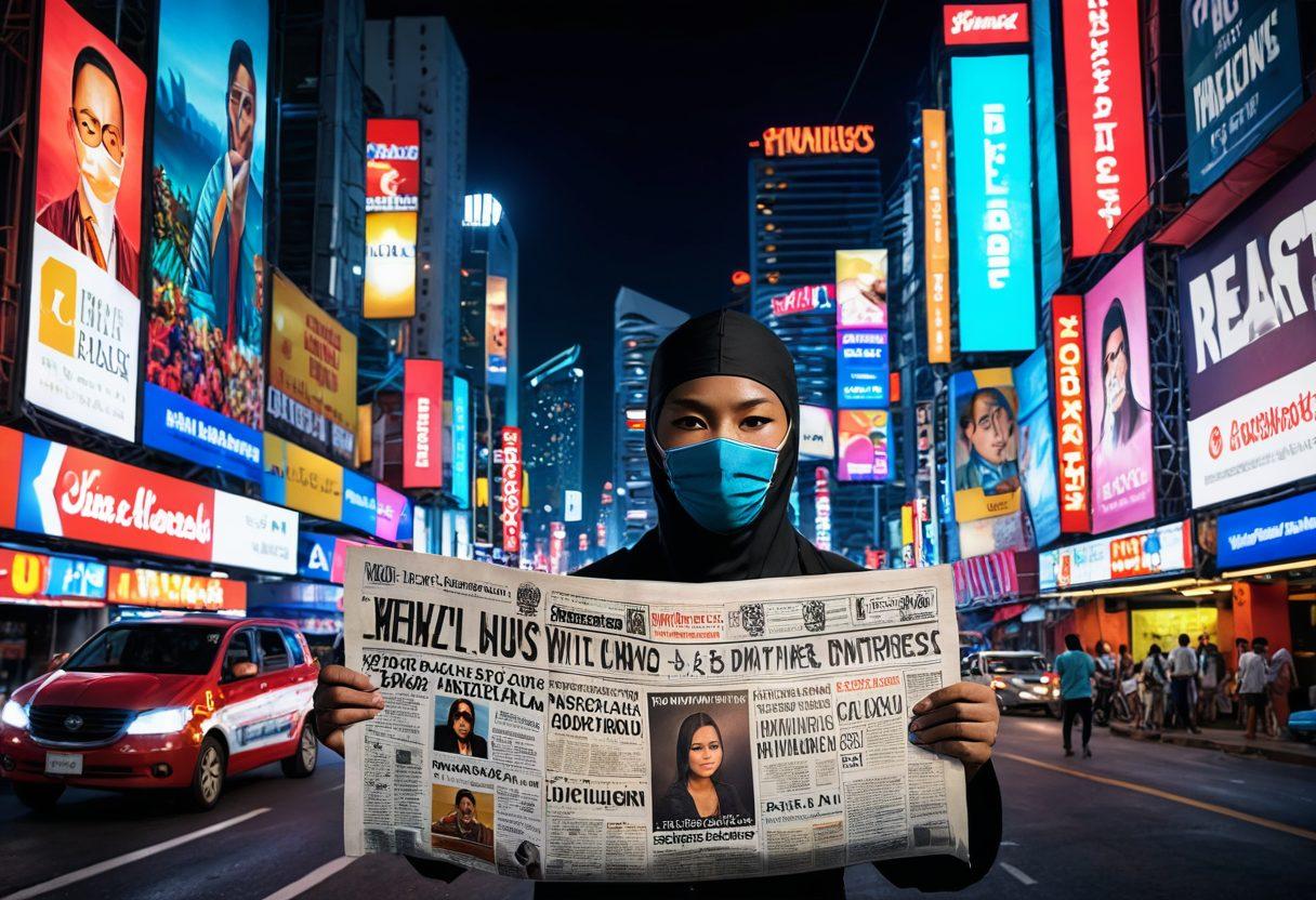 A dramatic scene showcasing a masked figure holding a newspaper with bold headlines about Filipino entertainment controversies. The backdrop includes a vibrant cityscape of the Philippines, with colorful lights and billboards representing various entertainment icons. Surround the central figure with subtle hints of protest signs and social media icons to emphasize public opinion. Evoke a mysterious and engaging atmosphere. super-realistic. vibrant colors. 3D.