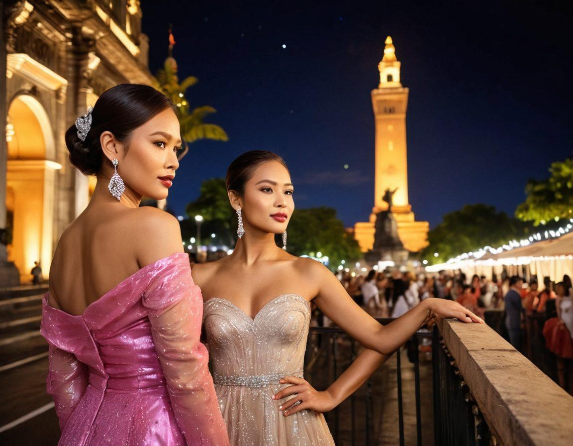 A glamorous scene depicting Filipina celebrities in a chic event setting, with sparkling lights and elegant dresses, surrounded by paparazzi capturing their every move. In the foreground, include elements of popular culture like social media icons and stylish accessories. The background should feature iconic landmarks of the Philippines, hinting at their cultural richness. Take a snapshot of opulence and drama, showcasing the duality of glamour and scandals. super-realistic. vibrant colors. elegant fashion.