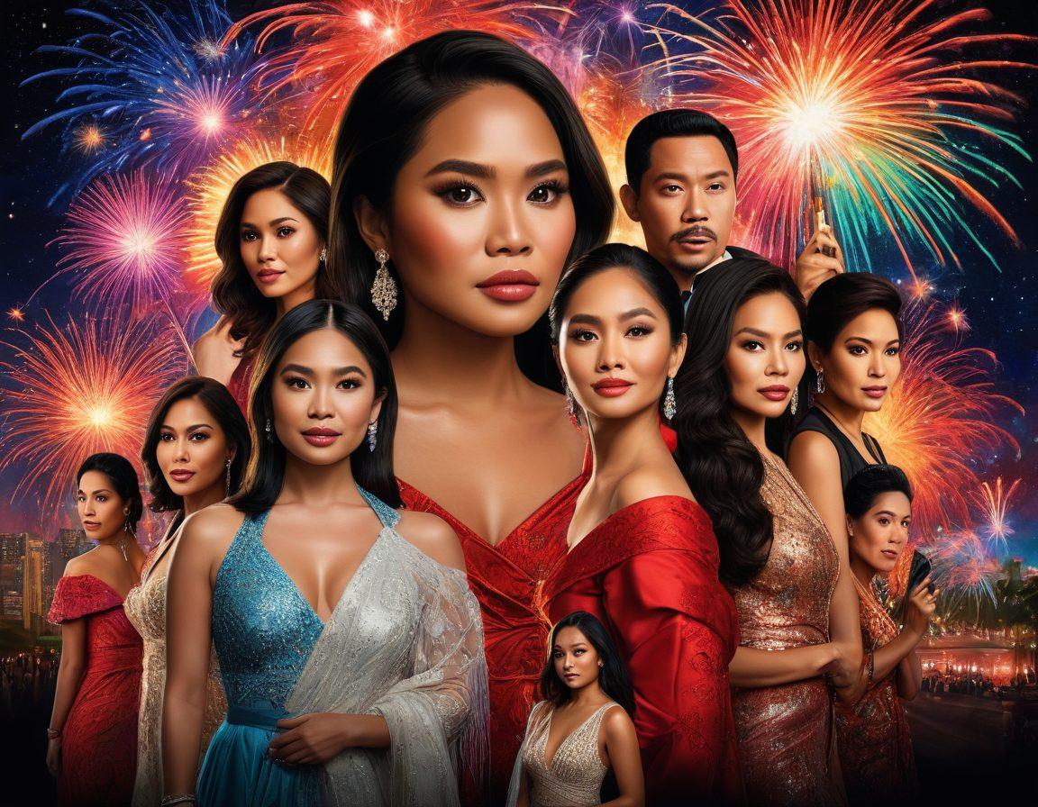 A collage of diverse Filipina celebrities transitioning from glamorous red carpet events to gritty tabloid headlines, capturing their rise and fall in a dynamic composition. Include vibrant elements like colorful fireworks representing fame, and shadowy figures symbolizing infamy. Incorporate cultural motifs like traditional Filipino textiles in the background. super-realistic. vibrant colors. cinematic.